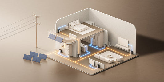 Solarenergiefluss im Haus mit verschieden platzierten Solarmodulen und Speichern