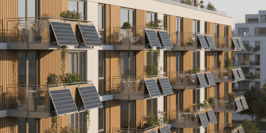 Mehrparteienhaus mit vielen Balkonen mit Mini-Solaranlagen bestückt