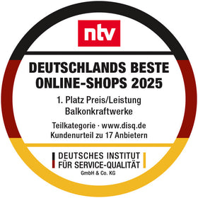 NTV Siegel: Deutschlands beste Online-Shops 2025: 1. Platz Preis/Leistung Balkonkraftwerke