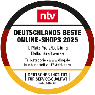 NTV Siegel: Deutschlands beste Online-Shops 2025: 1. Platz Preis/Leistung Balkonkraftwerke